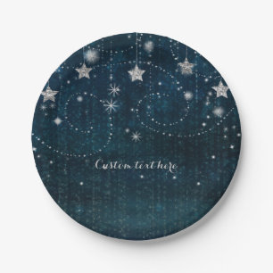 Blue & Silver Starry Sweet 16 Whimsical Party Paper Plate