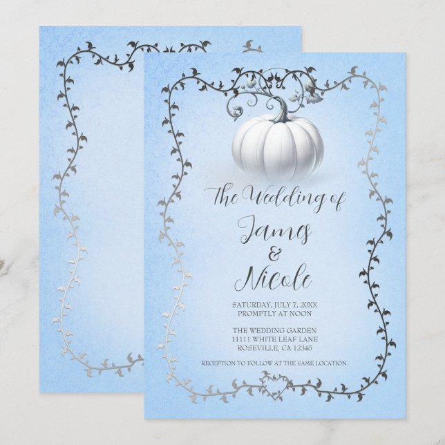 Blue & Silver Storybook White Pumpkin Wedding Invitation (Front/Back)