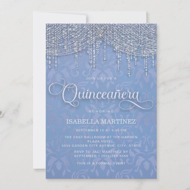Blue Silver String Lights Damask Quinceañera Invitation (Front)