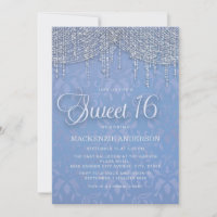 Blue Silver String Lights Damask Sweet 16
