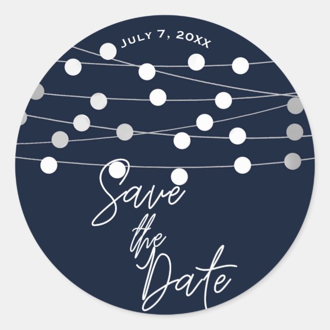 Blue Silver String Lights Wedding Save the Date Classic Round Sticker (Front)