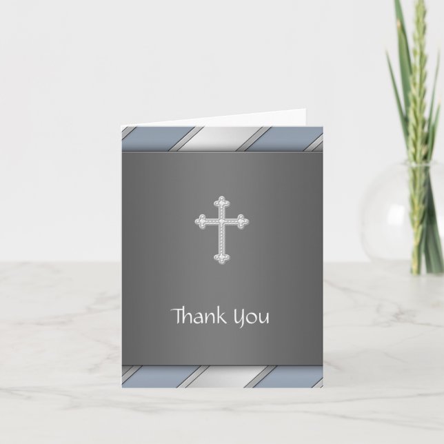 Blue Silver Stripe Cross Thank You Card (Front)
