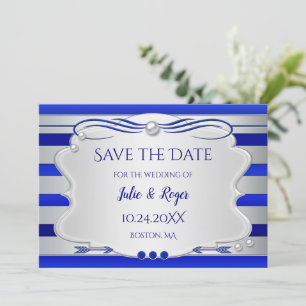 Blue Silver Striped Photo Save the Date Card