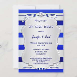 Blue Silver Striped Rehearsal Dinner Invitation