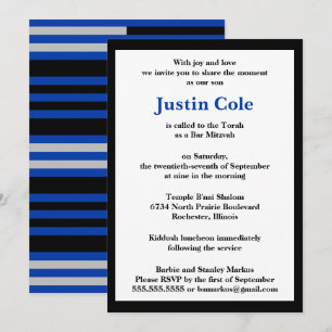 Blue / Silver Stripes on Black Bar Mitzvah Invitation