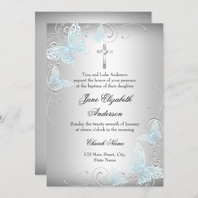 Blue Silver Swirl Butterfly & Cross Baptism Invite (Front/Back)