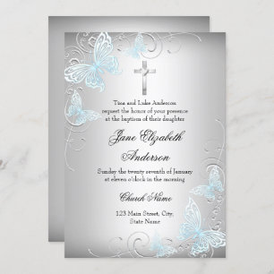 Blue Silver Swirl Butterfly & Cross Baptism Invite