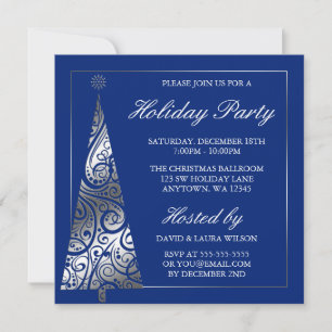 Blue Silver Swirl Christmas Tree Holiday Party Invitation