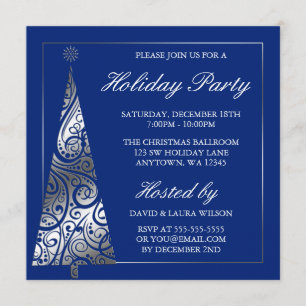 Blue Silver Swirl Christmas Tree Holiday Party Invitation