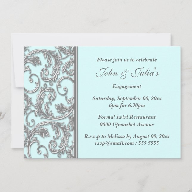 Blue silver swirl engagement anniversary CUSTOM Invitation (Front)