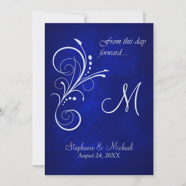 Blue Silver Swirl Monogram Wedding Invitation (Front)