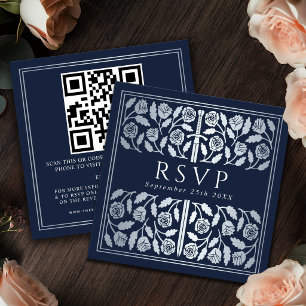 Blue Silver Sword Royal Wedding RSVP QR Code Enclosure Card