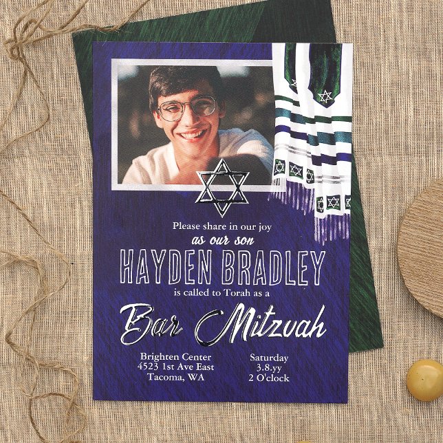 Blue, Silver, Teal Striped Tallit Bar Mitzvah (Modern dark blue and silver bar mitzvah invitations with tallit prayer shawls. Silver foil star)