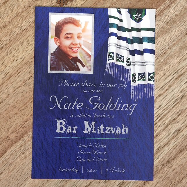 Blue, Silver, Teal Tallit Bar Mitzvah Invitation (Royal Blue Bar Mitzvah Invitation with Silver Striped Tallit, Blue, Silver, Teal Bar Mitzvah)