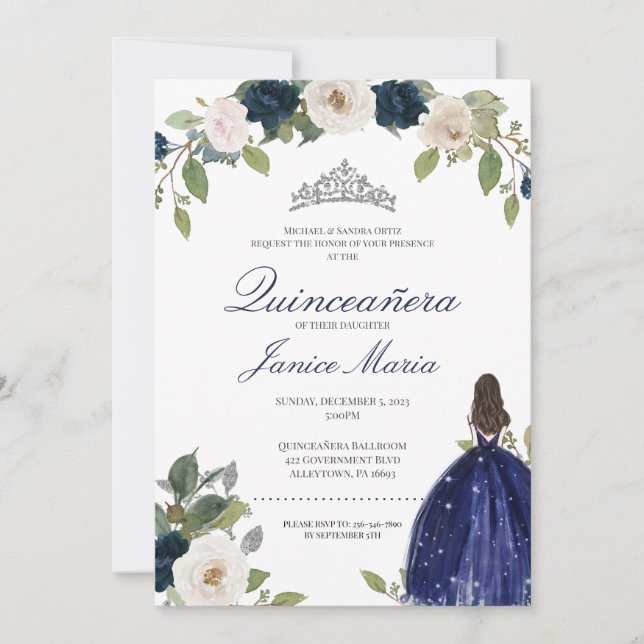 Blue Silver Tiara Floral Elegant Dress Quinceañera Invitation (Front)