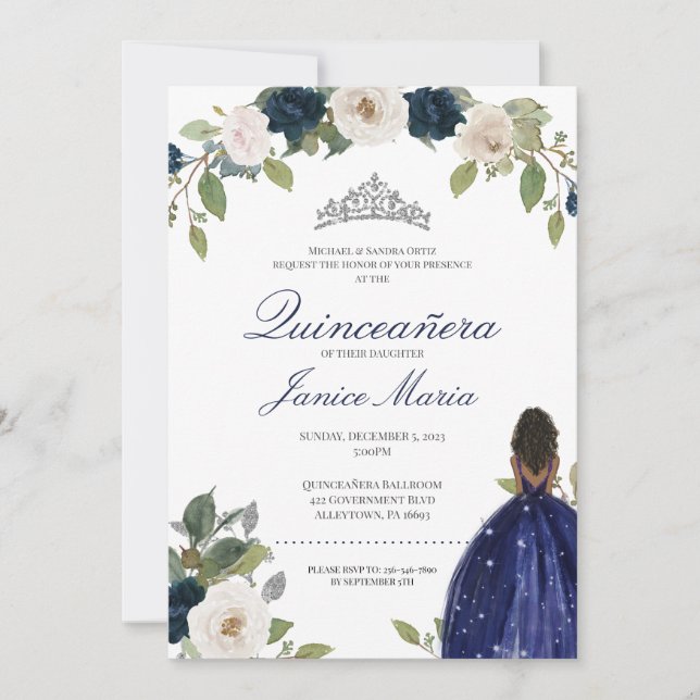 Blue Silver Tiara Floral Elegant Dress Quinceañera Invitation (Front)