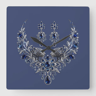 Blue Silver Tiger Crystal Jewellery Set Square Wall Clock