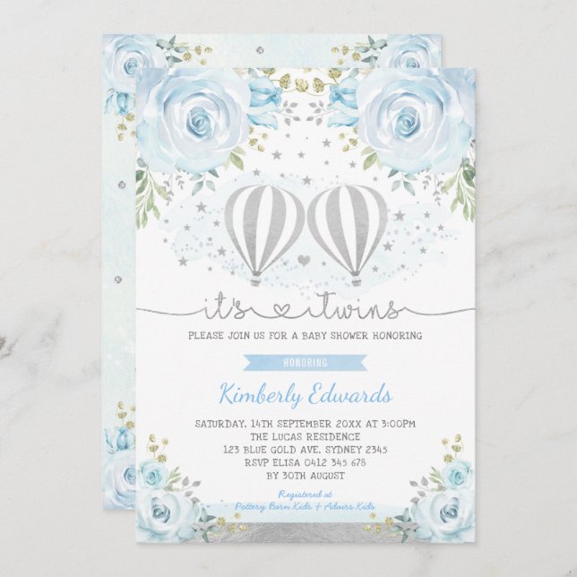 Blue Silver Twin Boys Hot Air Balloon Baby Shower Invitation (Front/Back)