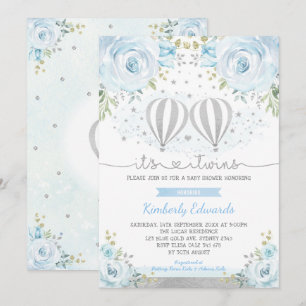 Blue Silver Twin Boys Hot Air Balloon Baby Shower Invitation