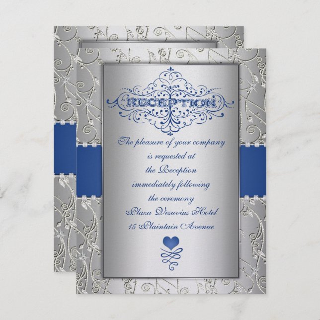Blue Silver Typography Wedding Reception Insert Invitation (Front/Back)