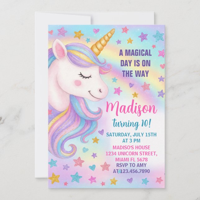 Blue & Silver Unicorn Birthday Invitation (Front)