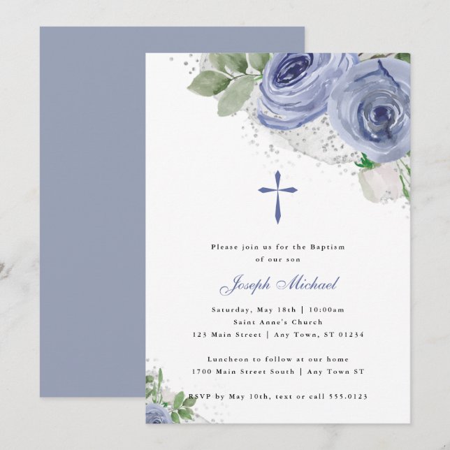 Blue & Silver Watercolor Floral Religious Baptism Invitation (Front/Back)