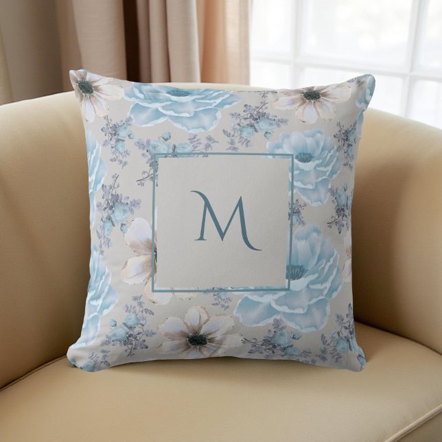 Blue Silver Watercolor Floral Script Cushion (Creator Uploaded)