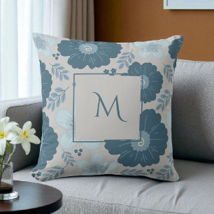 Blue Silver Watercolor Floral Script Cushion