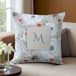 Blue Silver Watercolor Floral Script Cushion