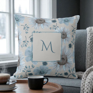 Blue Silver Watercolor Floral Script Cushion