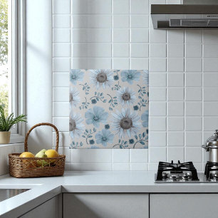 Blue Silver Watercolor Floral Tile