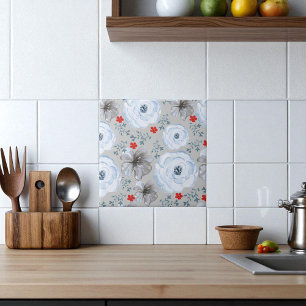 Blue Silver Watercolor Floral  Tile