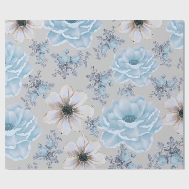 Blue Silver Watercolor Floral  Wrapping Paper (Flat)