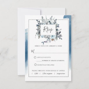 Blue Silver Watercolor with/out Meal Choices RSVP Card