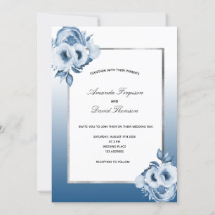 Blue silver watercolored florals wedding invitation