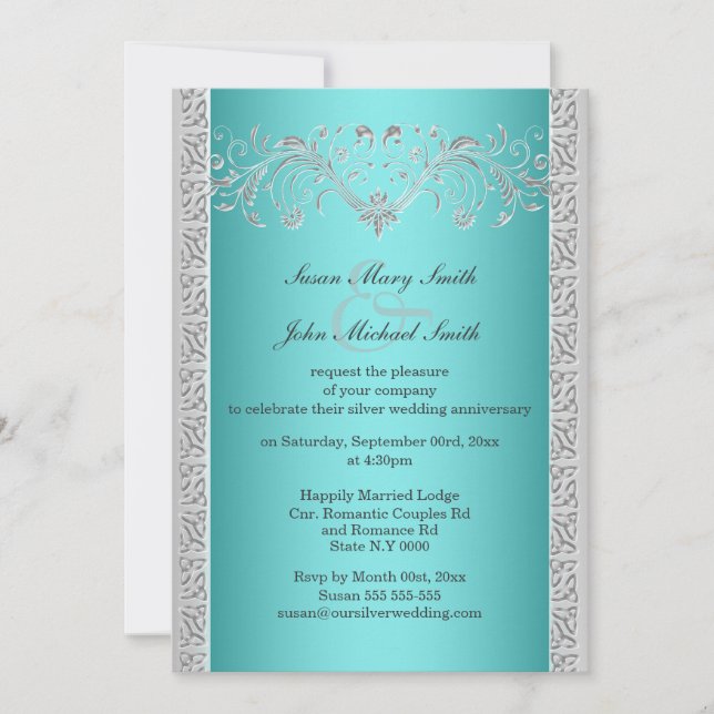 Blue silver wedding anniversary floral invitation (Front)