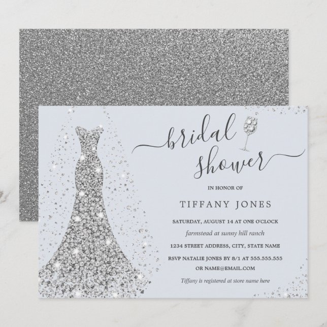 Blue Silver Wedding Dress Sparkle Bridal Shower Invitation (Front/Back)