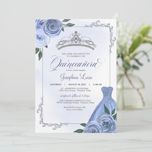 Blue Silver & White Floral Quinceañera Celebration Invitation (Standing Front)