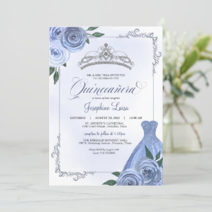 Blue Silver & White Floral Quinceañera Celebration Invitation