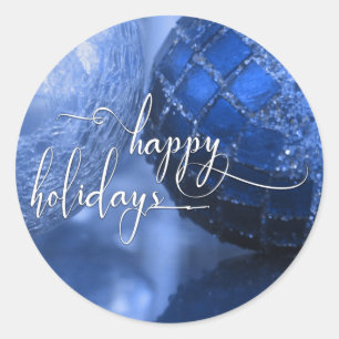 Blue, Silver & White Happy Holidays Greeting Classic Round Sticker