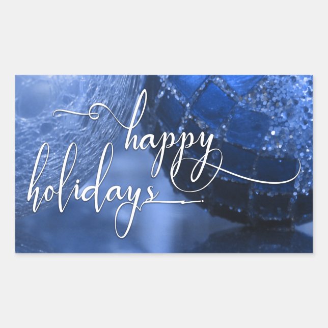 Blue, Silver & White Happy Holidays Greeting Rectangular Sticker (Front)
