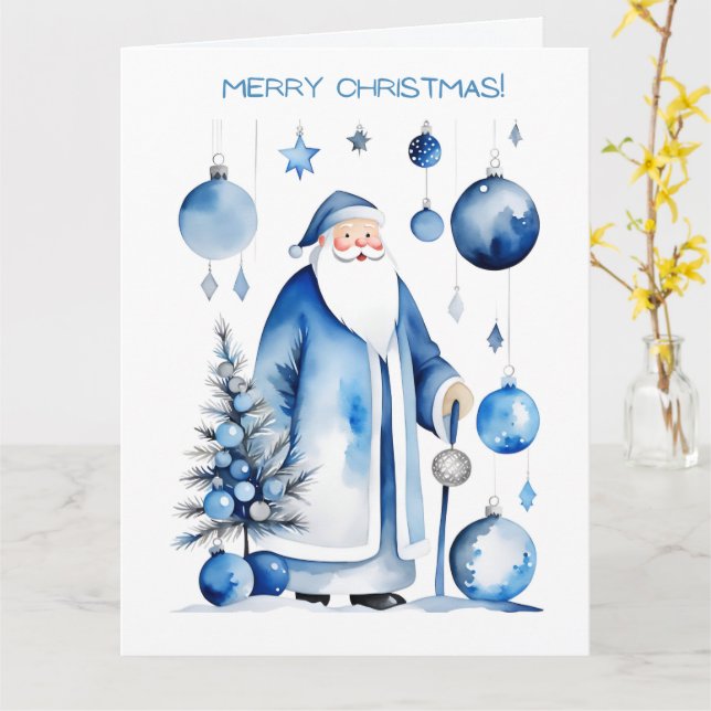 Blue, Silver & White Japandi Santa  Card (Yellow Flower)