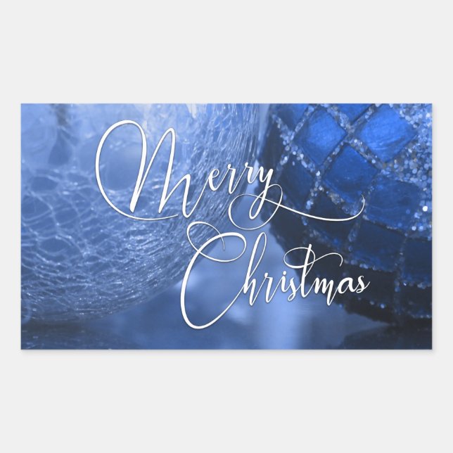 Blue, Silver & White Merry Christmas Greeting Rectangular Sticker (Front)
