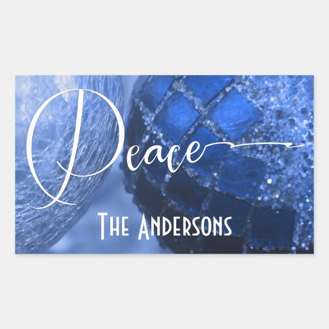 Blue, Silver & White Peace Greeting for Holidays Rectangular Sticker (Front)