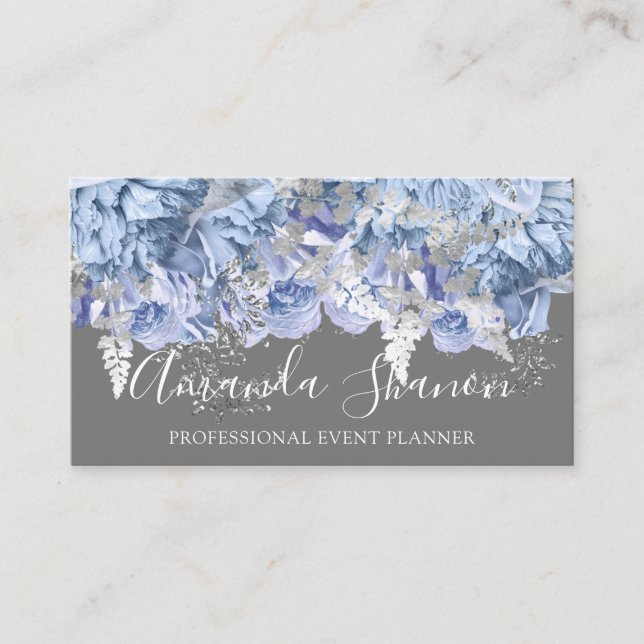 Blue Silver White Roses Event Planner QR Code Business Card (Front)