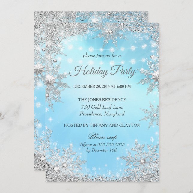Blue Silver Winter Christmas Holiday Party Invitation (Front/Back)