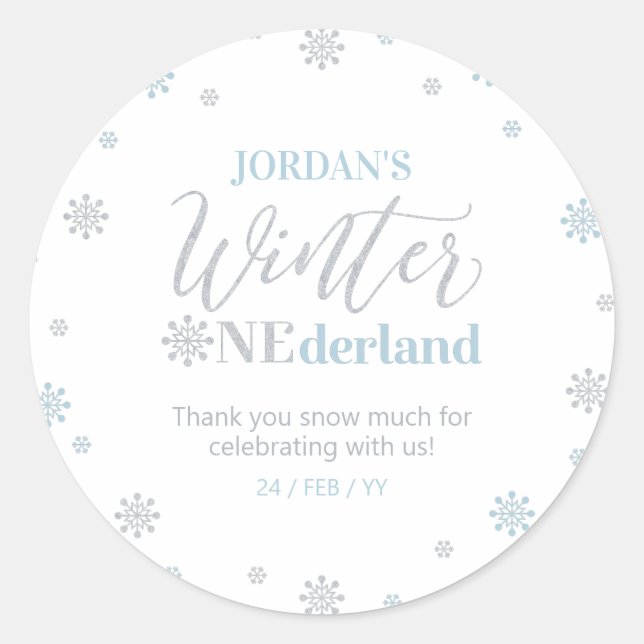 Blue Silver Winter onederland Thank you snow much Classic Round Sticker (Front)