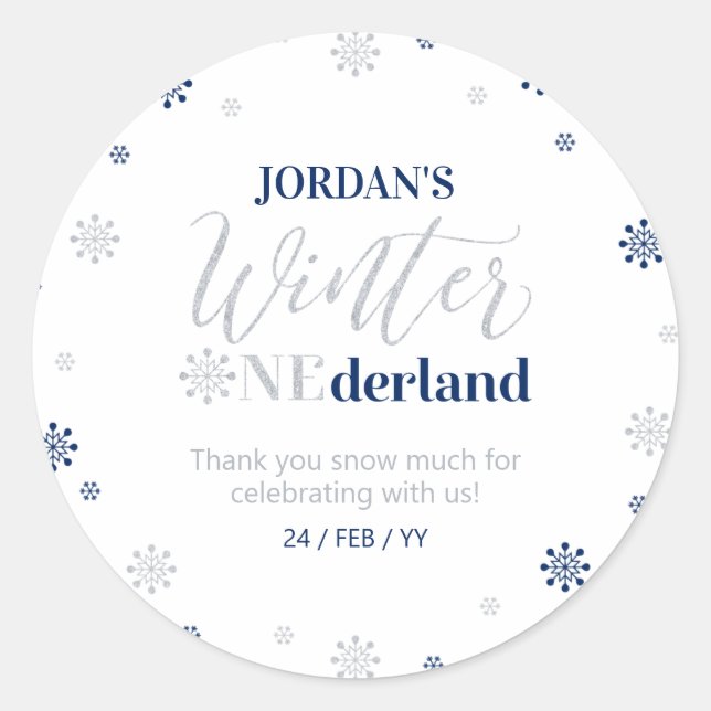 Blue Silver Winter onederland Thank you snow much  Classic Round Sticker (Front)