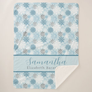 Blue & Silver Winter Snowflake Personalised Name Sherpa Blanket