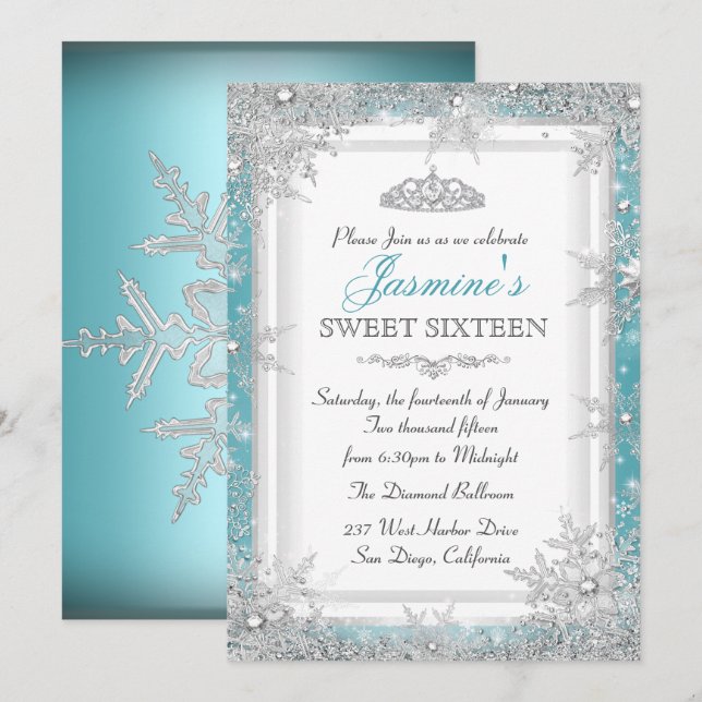 Blue Silver Winter Wonderland Sweet 16 Invitation (Front/Back)